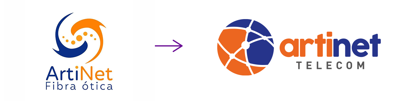 Antes e depois da identidade visual de Artinet Telecom, extraído do portfólio da Estelar