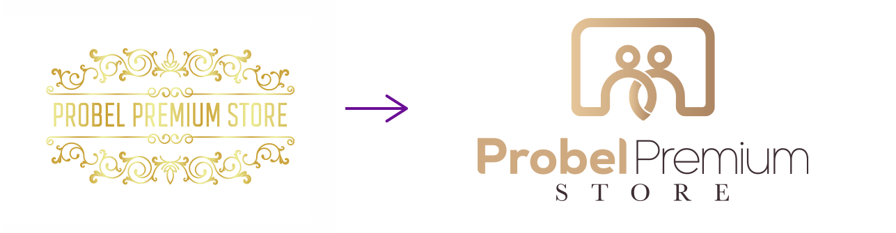 Antes e depois da identidade visual de Probel Premium Store, extraído do portfólio da Estelar