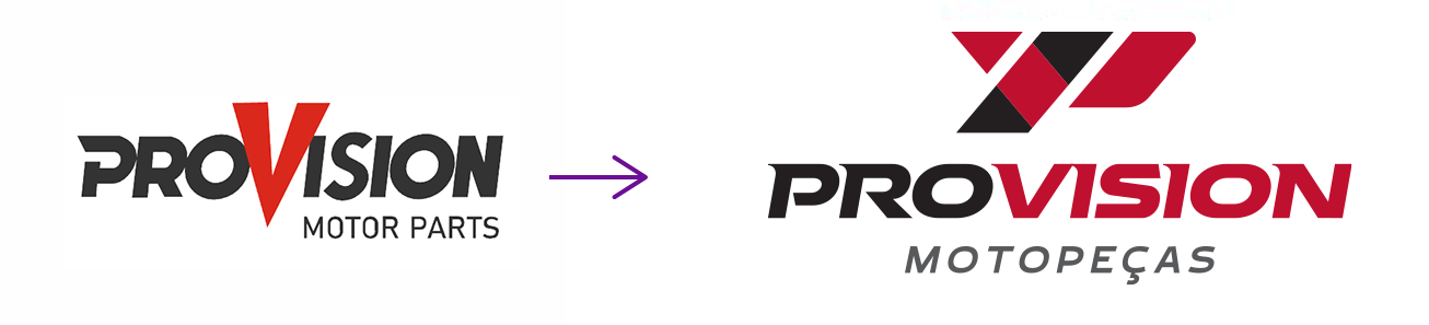 Antes e depois da identidade visual de Provision Motopeças, extraído do portfólio da Estelar