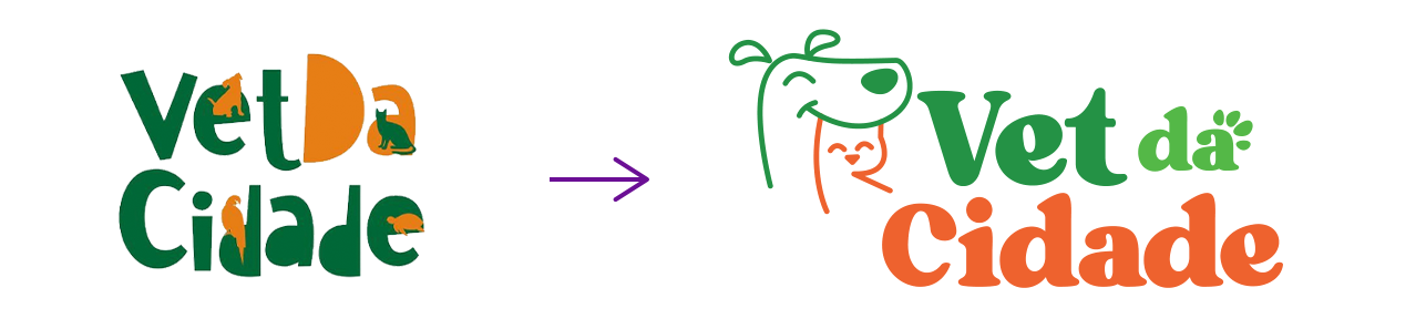 Antes e depois da identidade visual de Vet da Cidade, extraído do portfólio da Estelar