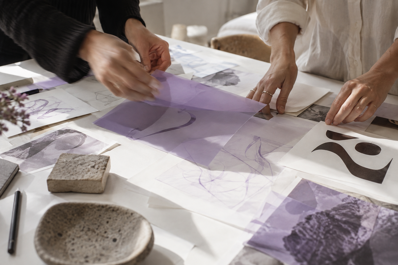 Composição artística de mãos organizando papéis e transparências violetas em uma mesa de criação